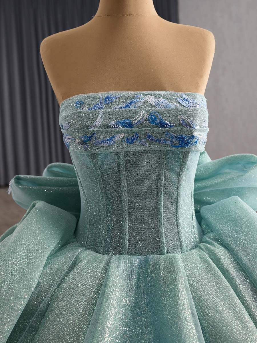 Sparkling Sky Blue Evening Dress Strapless Applique Big Bow Gown Glitter Princess Party - Image 3
