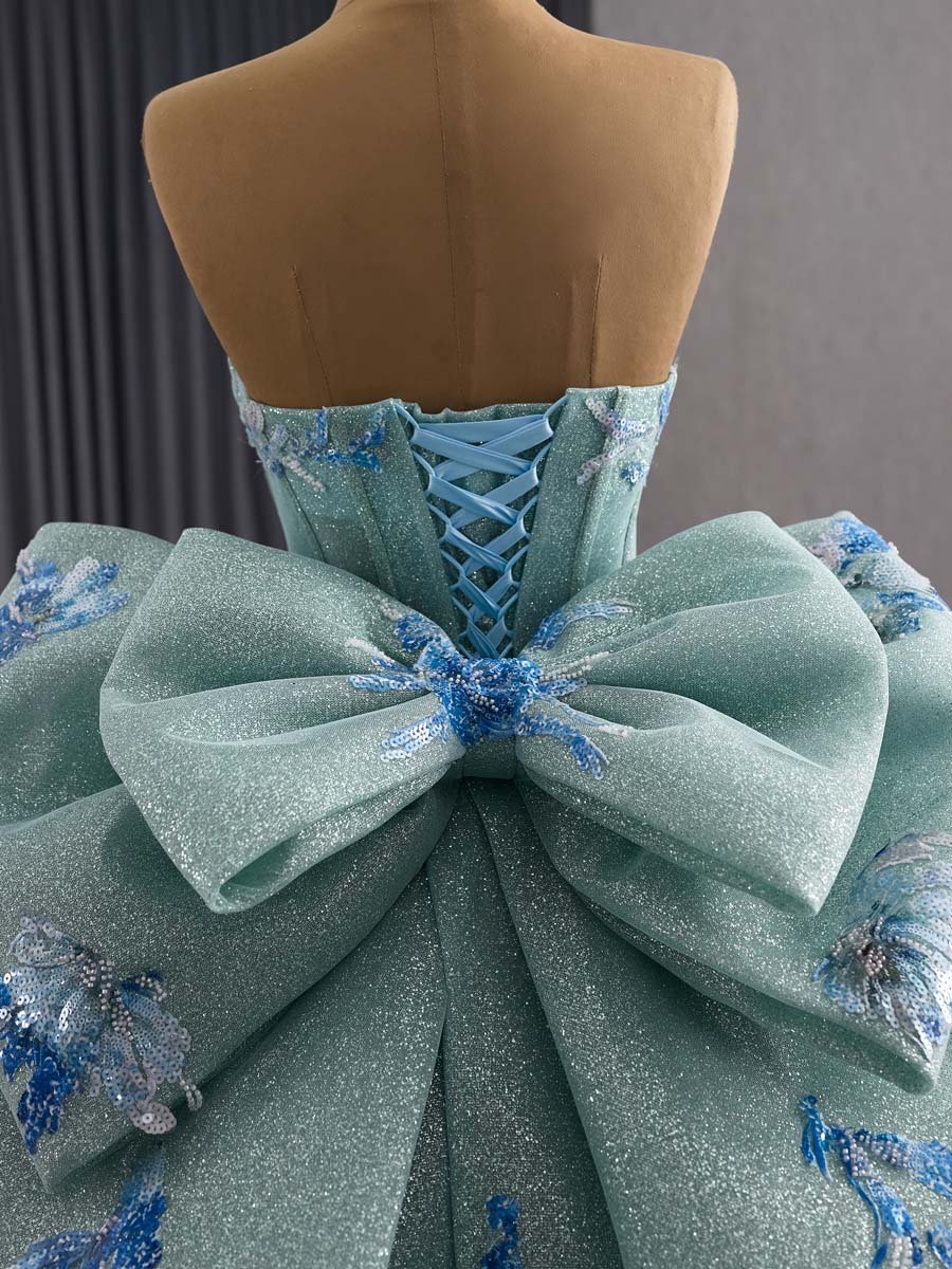 Sparkling Sky Blue Evening Dress Strapless Applique Big Bow Gown Glitter Princess Party - Image 4