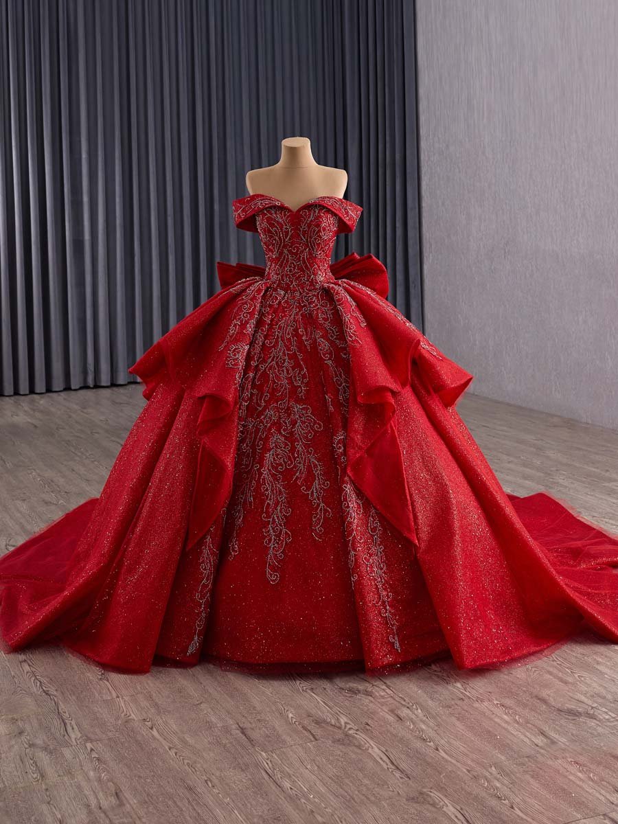 Luxurious Red Sequin Off Shoulder Ball Gown Evening Dress With Big Bow And Long Train Formal Party Gown