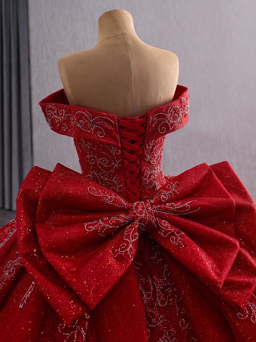 Luxurious Red Sequin Off Shoulder Ball Gown Evening Dress With Big Bow And Long Train Formal Party Gown - Image 4