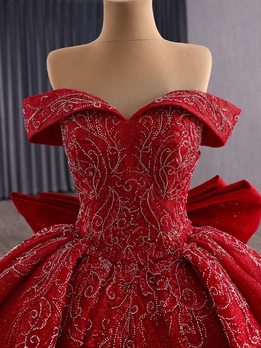 Luxurious Red Sequin Off Shoulder Ball Gown Evening Dress With Big Bow And Long Train Formal Party Gown - Image 3