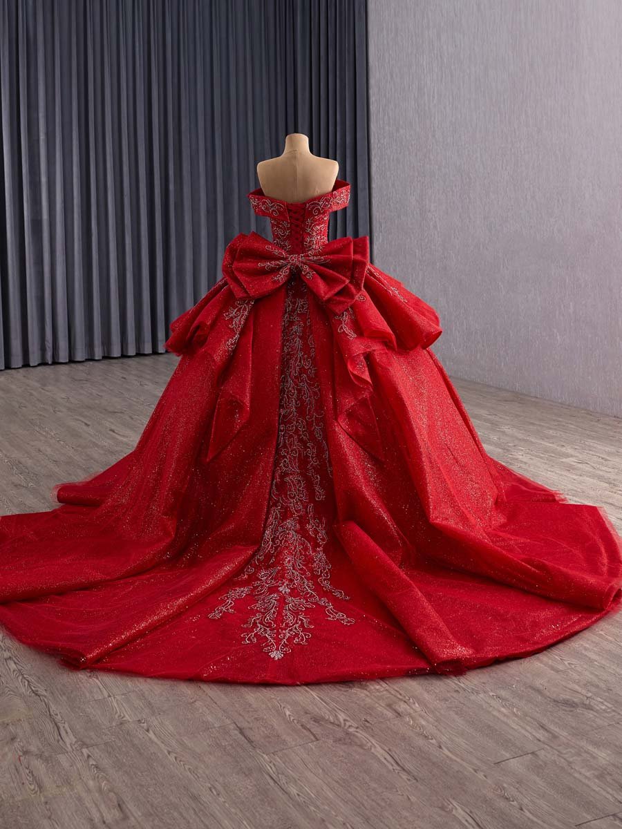 Luxurious Red Sequin Off Shoulder Ball Gown Evening Dress With Big Bow And Long Train Formal Party Gown - Image 2