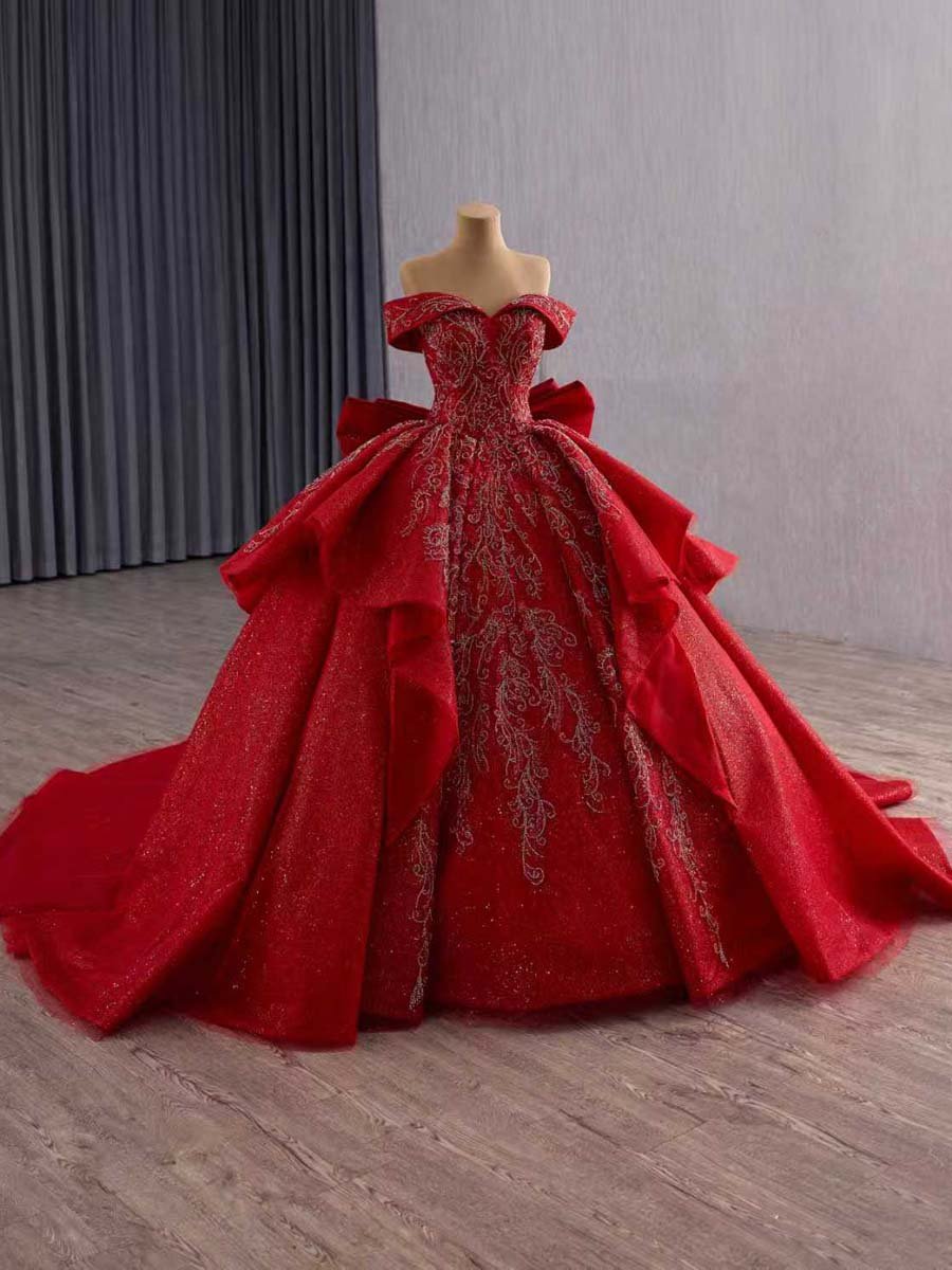 Luxurious Red Sequin Off Shoulder Ball Gown Evening Dress With Big Bow And Long Train Formal Party Gown - Image 7