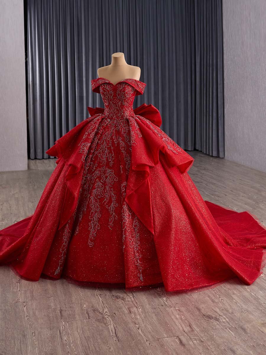 Luxurious Red Sequin Off Shoulder Ball Gown Evening Dress With Big Bow And Long Train Formal Party Gown - Image 5