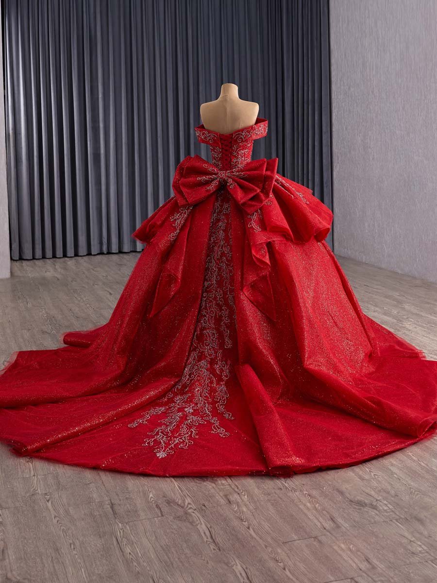 Luxurious Red Sequin Off Shoulder Ball Gown Evening Dress With Big Bow And Long Train Formal Party Gown - Image 6