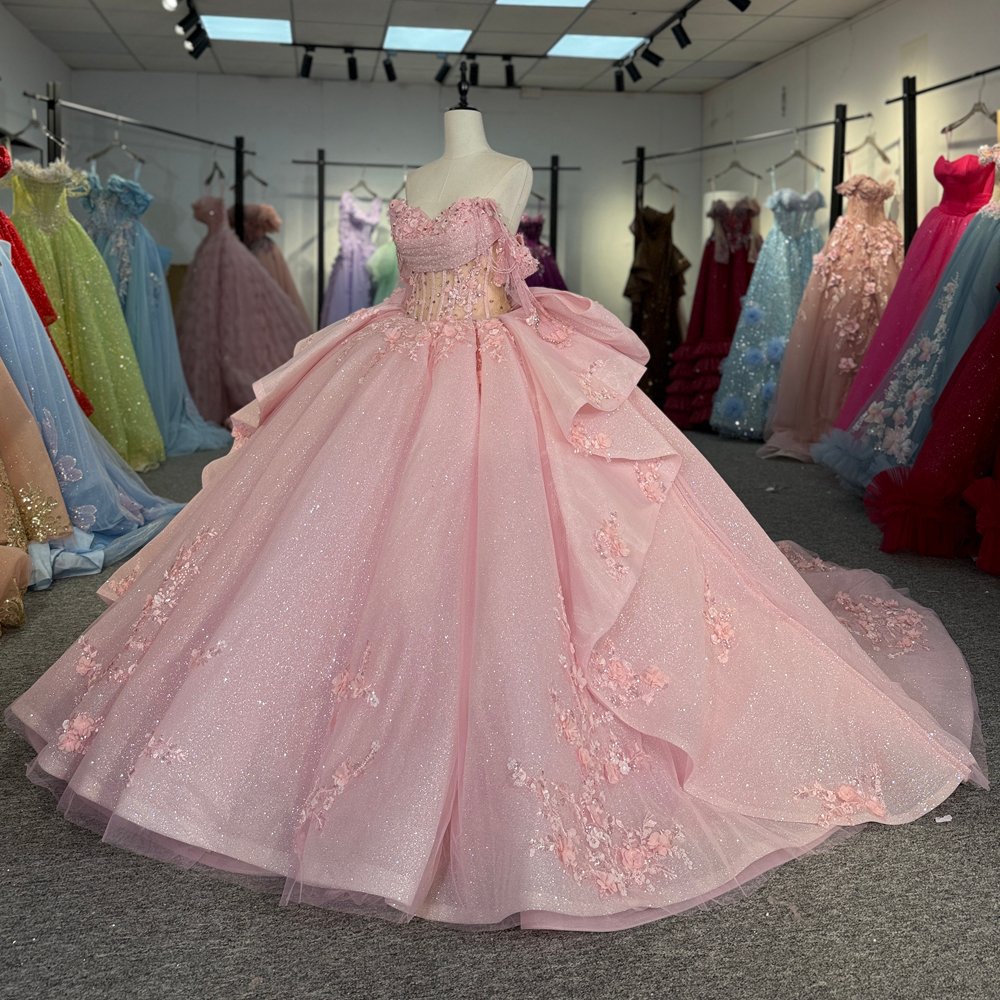 Fairytale Sparkle Pink Off Shoulder Ball Gown Quinceanera Dress Corset Back Dress Sweet 16 Dress - Image 5