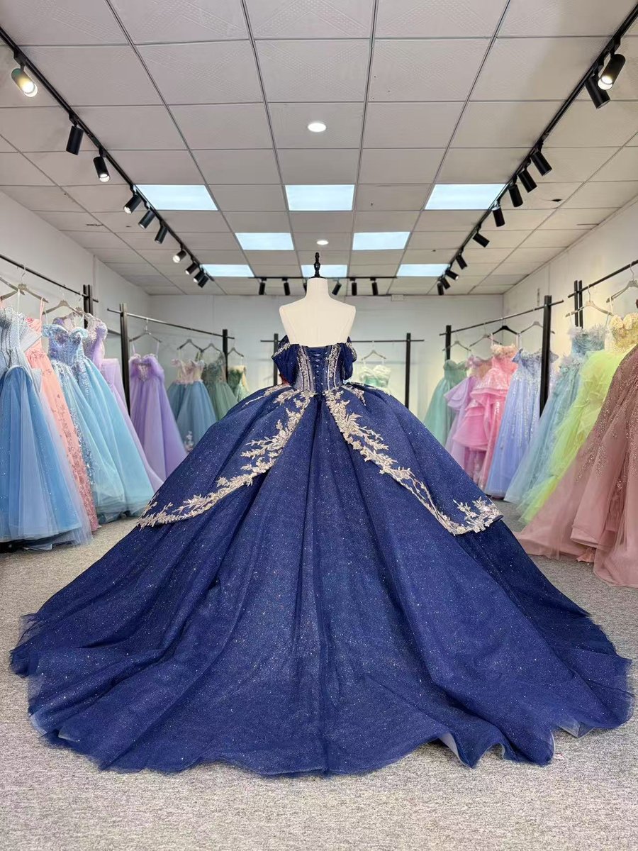 Magnificent Sparkly Navy Blue Quinceanera Dress Ball Gown Off Shoulder Lace Up Formal Sweet 16 Dress - Image 2