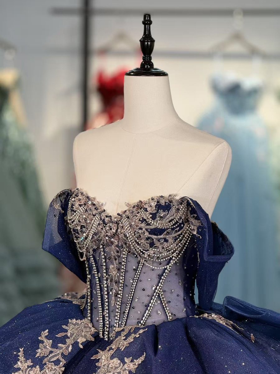 Magnificent Sparkly Navy Blue Quinceanera Dress Ball Gown Off Shoulder Lace Up Formal Sweet 16 Dress - Image 3