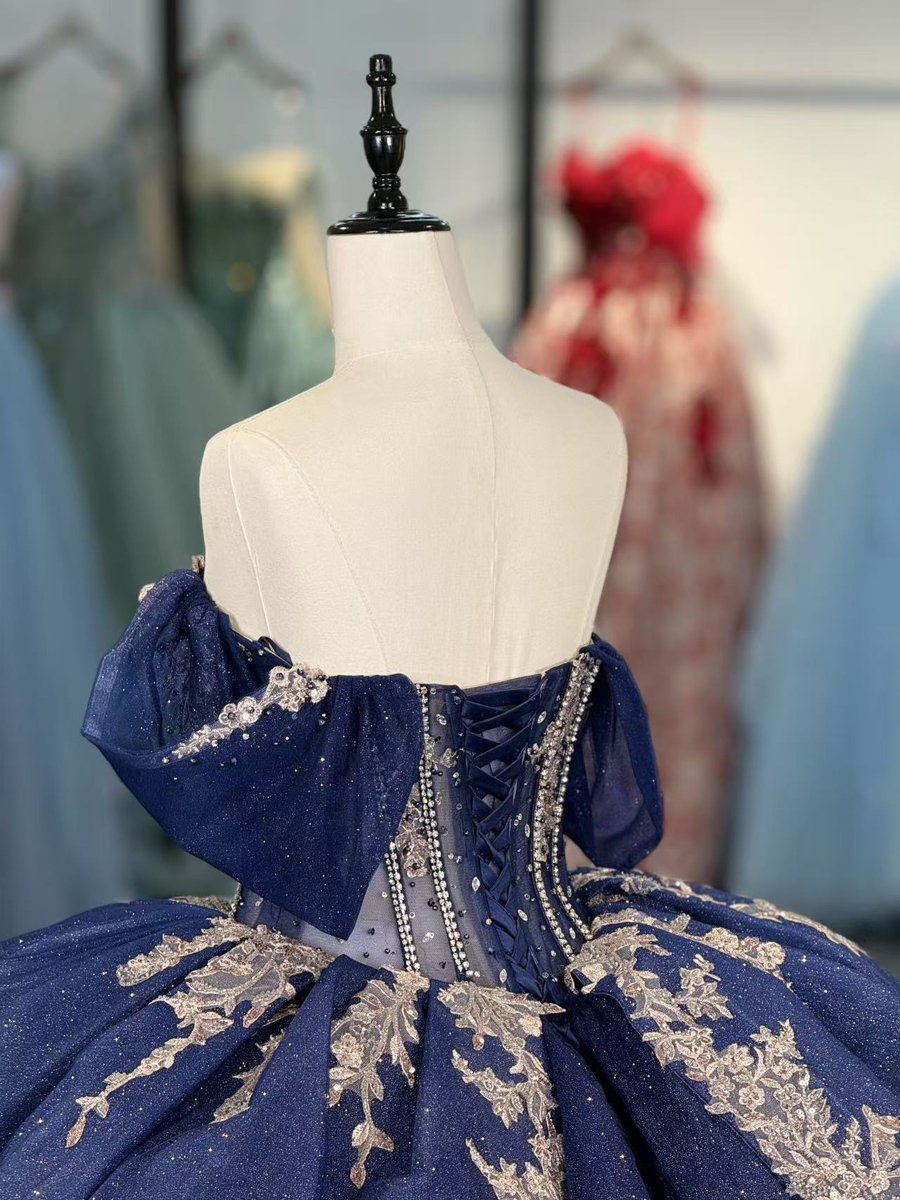Magnificent Sparkly Navy Blue Quinceanera Dress Ball Gown Off Shoulder Lace Up Formal Sweet 16 Dress - Image 4