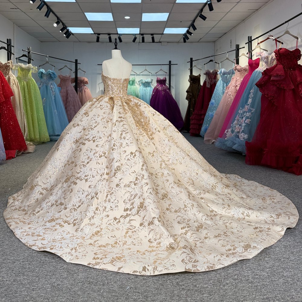 Regal Champagne Strapless Sweetheart Floral Sequined Quinceanera Dress Ball Gown - Image 6