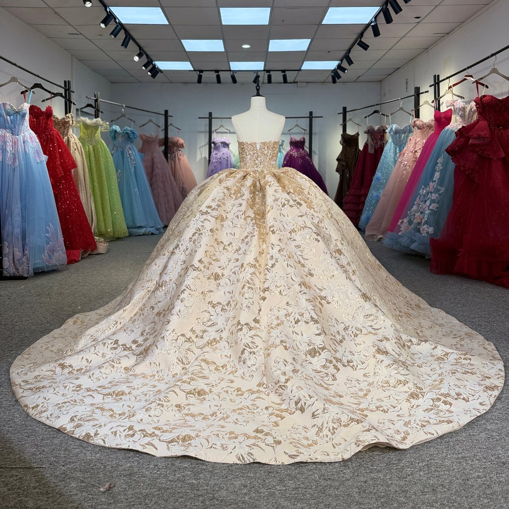 Regal Champagne Strapless Sweetheart Floral Sequined Quinceanera Dress Ball Gown - Image 2