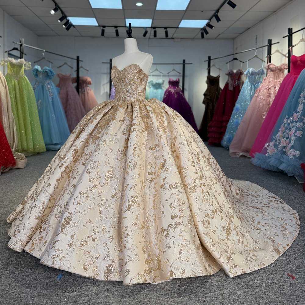 Regal Champagne Strapless Sweetheart Floral Sequined Quinceanera Dress Ball Gown - Image 5