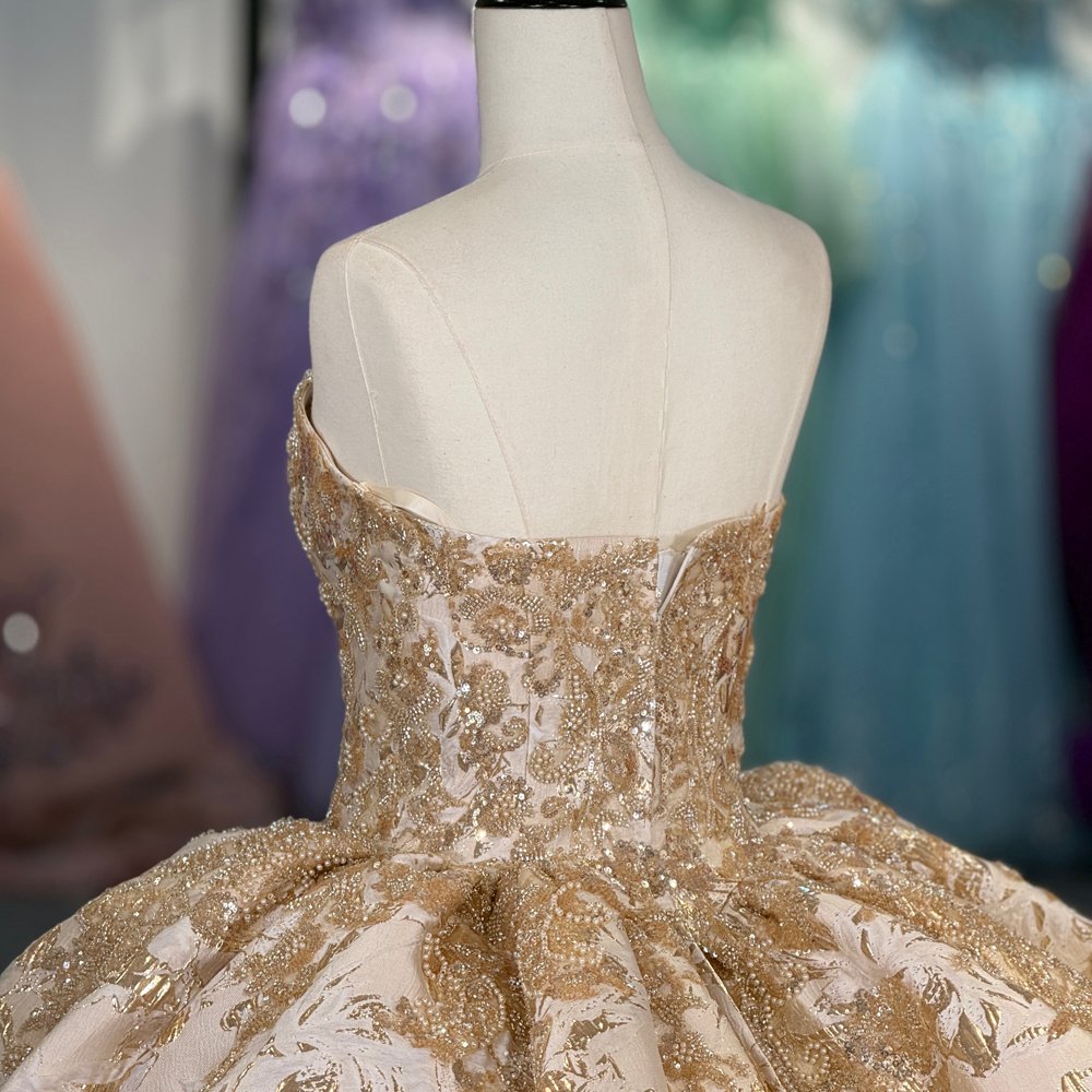 Regal Champagne Strapless Sweetheart Floral Sequined Quinceanera Dress Ball Gown - Image 4
