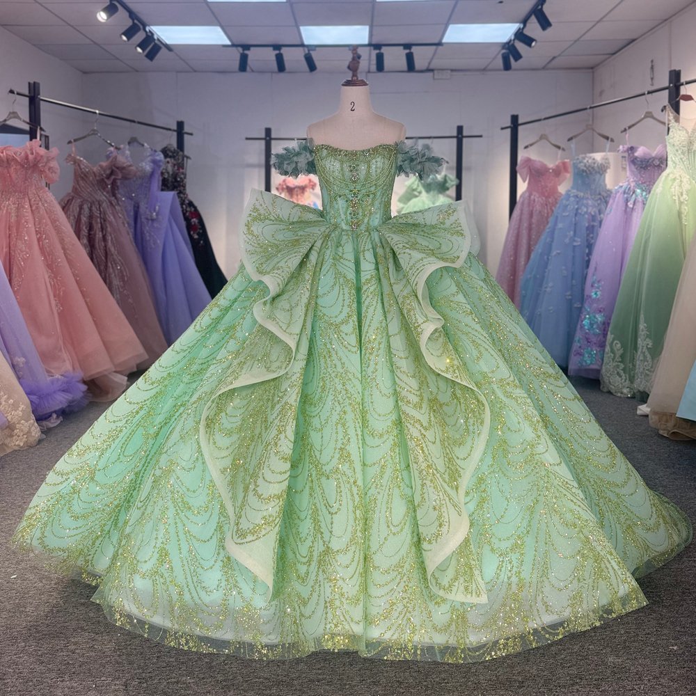 Glittering Mint Green Off Shoulder Beaded Big Bow Quinceanera Dress Ball Gown