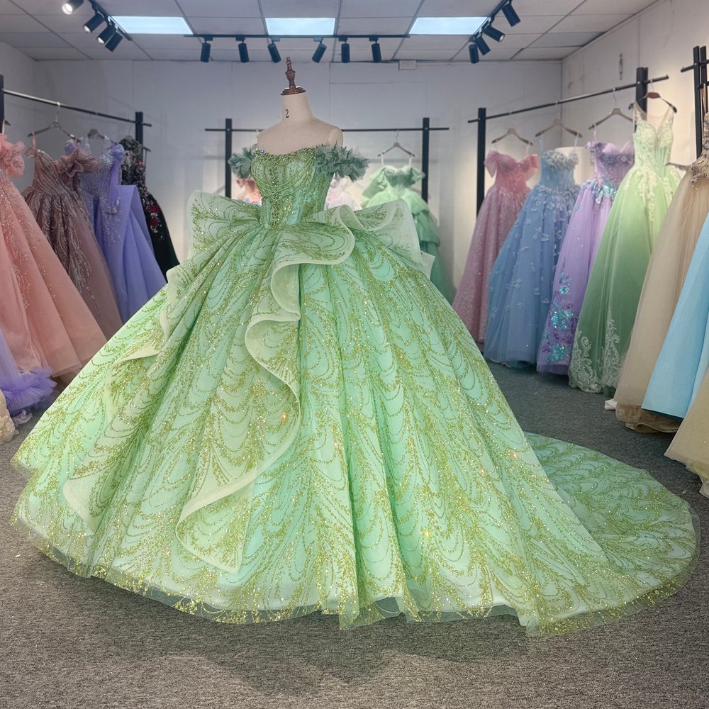 Glittering Mint Green Off Shoulder Beaded Big Bow Quinceanera Dress Ball Gown - Image 5