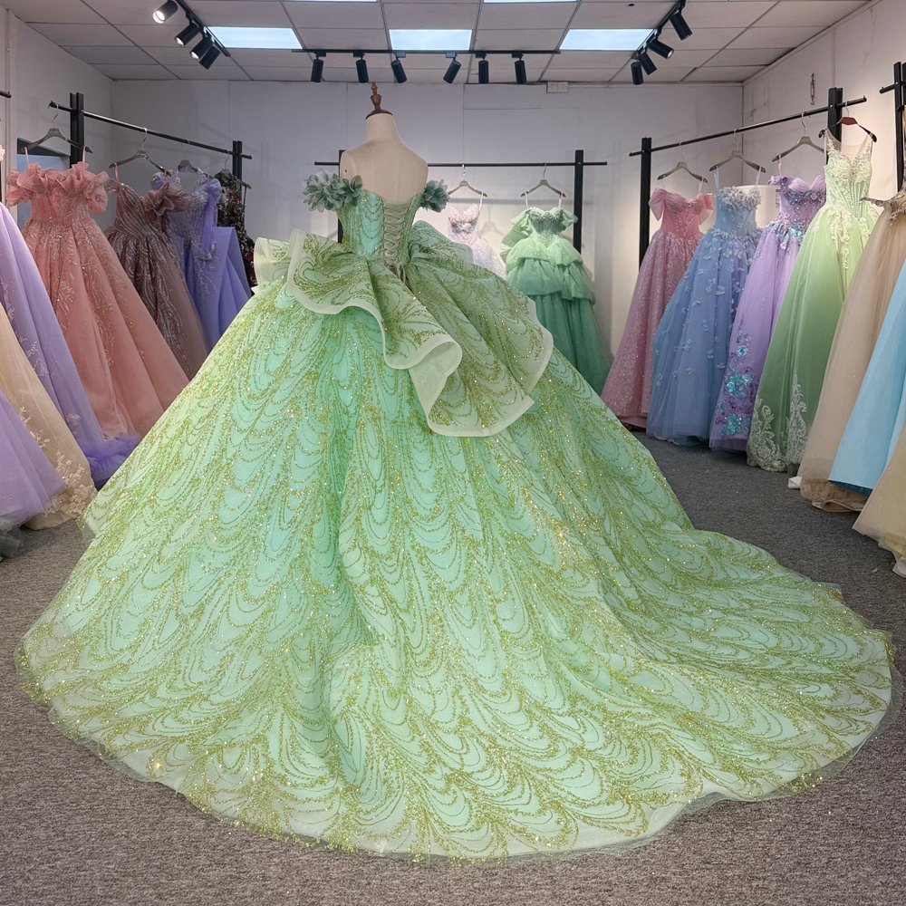 Glittering Mint Green Off Shoulder Beaded Big Bow Quinceanera Dress Ball Gown - Image 6