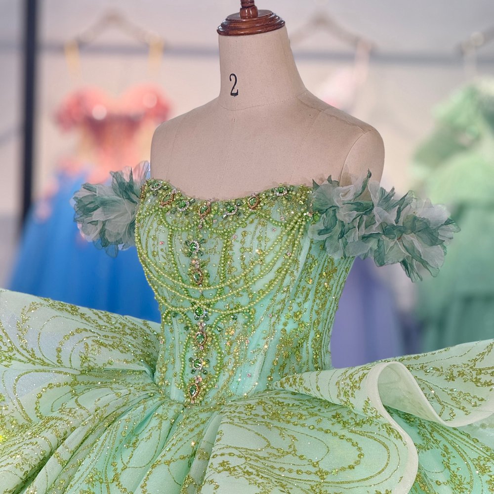 Glittering Mint Green Off Shoulder Beaded Big Bow Quinceanera Dress Ball Gown - Image 3
