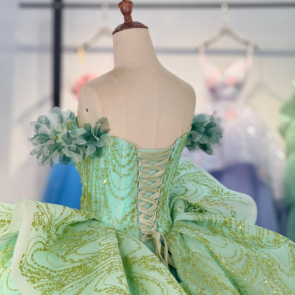 Glittering Mint Green Off Shoulder Beaded Big Bow Quinceanera Dress Ball Gown - Image 4