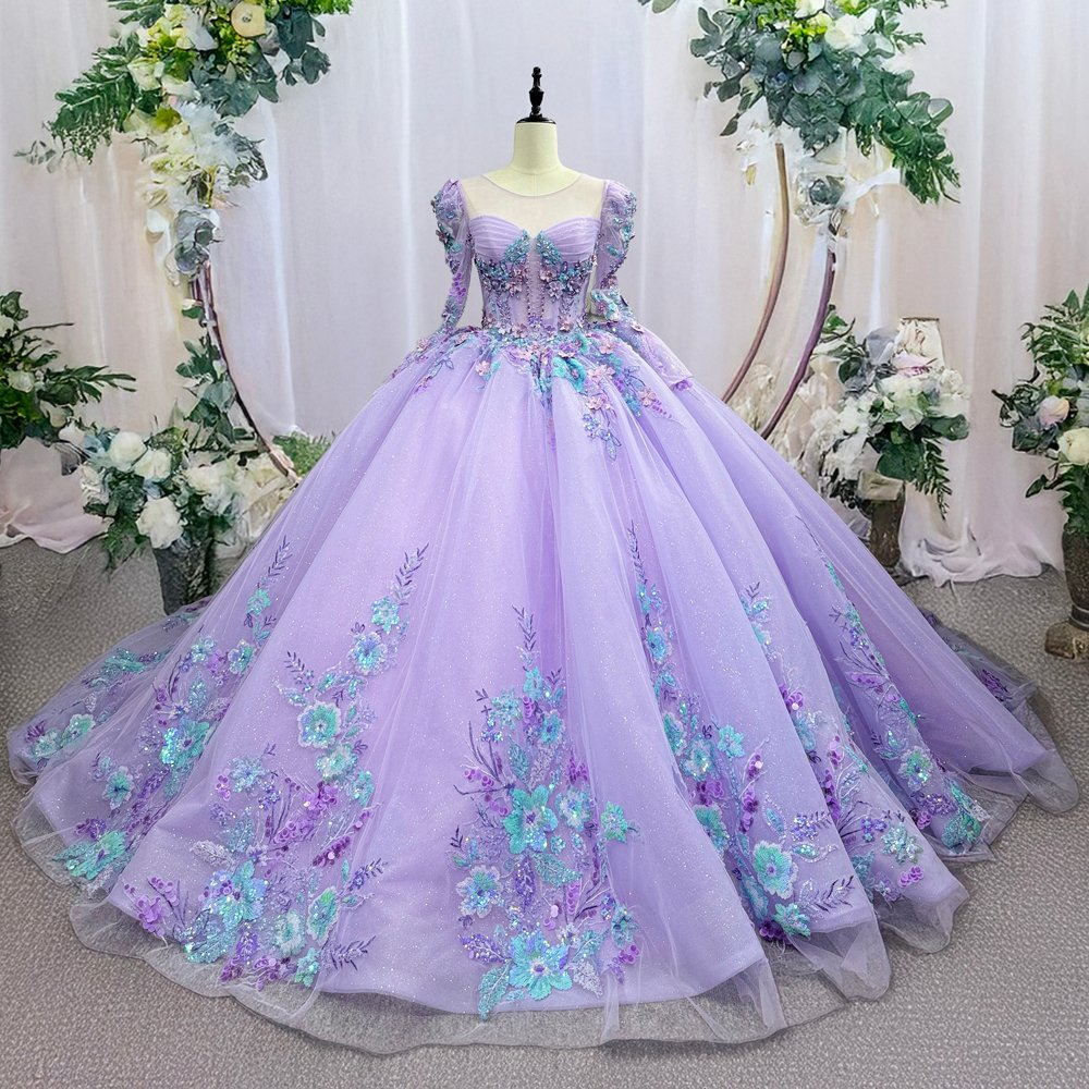 Gorgeous Lavender Sparkly Sweetheart Long Sleeve Floral Quinceanera Dress Ball Gown