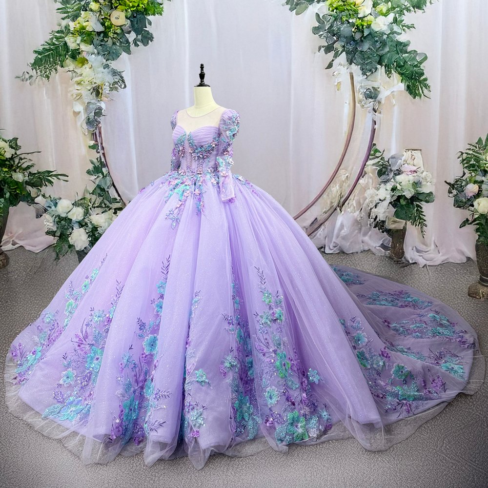 Gorgeous Lavender Sparkly Sweetheart Long Sleeve Floral Quinceanera Dress Ball Gown - Image 5