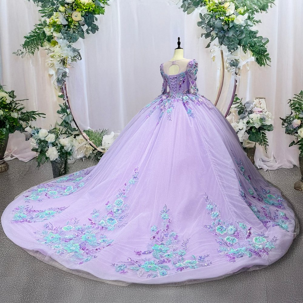 Gorgeous Lavender Sparkly Sweetheart Long Sleeve Floral Quinceanera Dress Ball Gown - Image 6