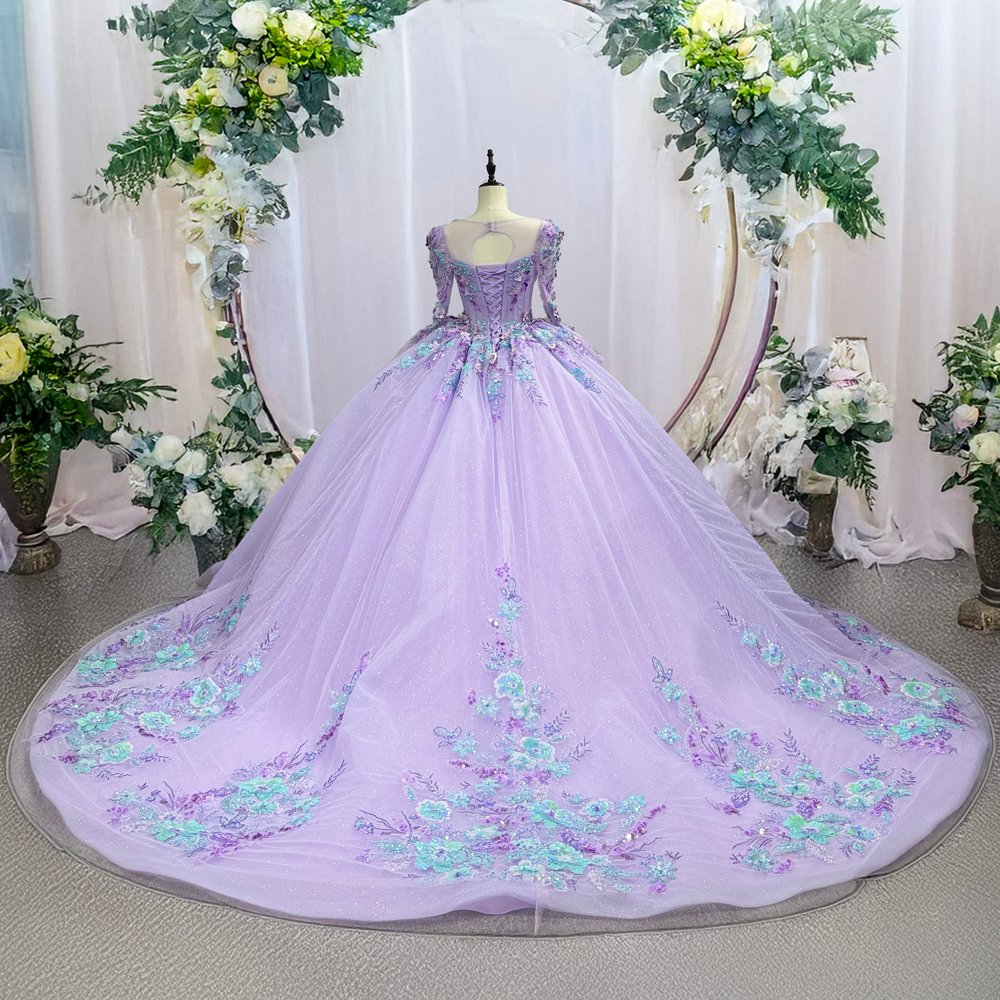 Gorgeous Lavender Sparkly Sweetheart Long Sleeve Floral Quinceanera Dress Ball Gown - Image 2