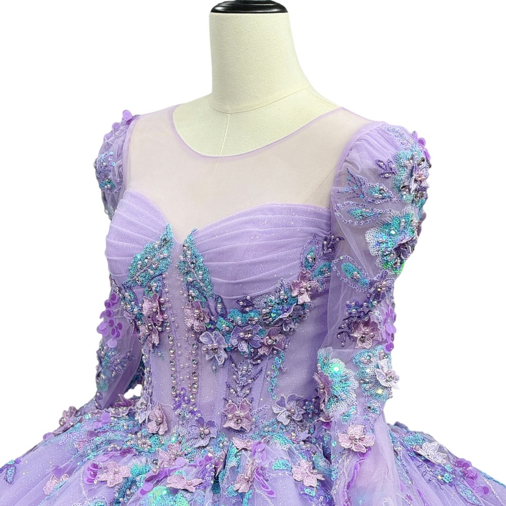 Gorgeous Lavender Sparkly Sweetheart Long Sleeve Floral Quinceanera Dress Ball Gown - Image 3