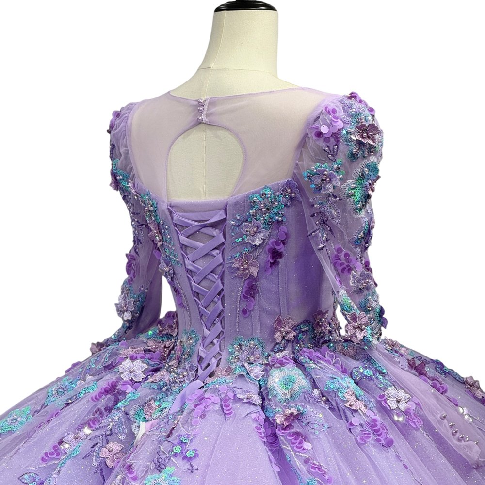 Gorgeous Lavender Sparkly Sweetheart Long Sleeve Floral Quinceanera Dress Ball Gown - Image 4