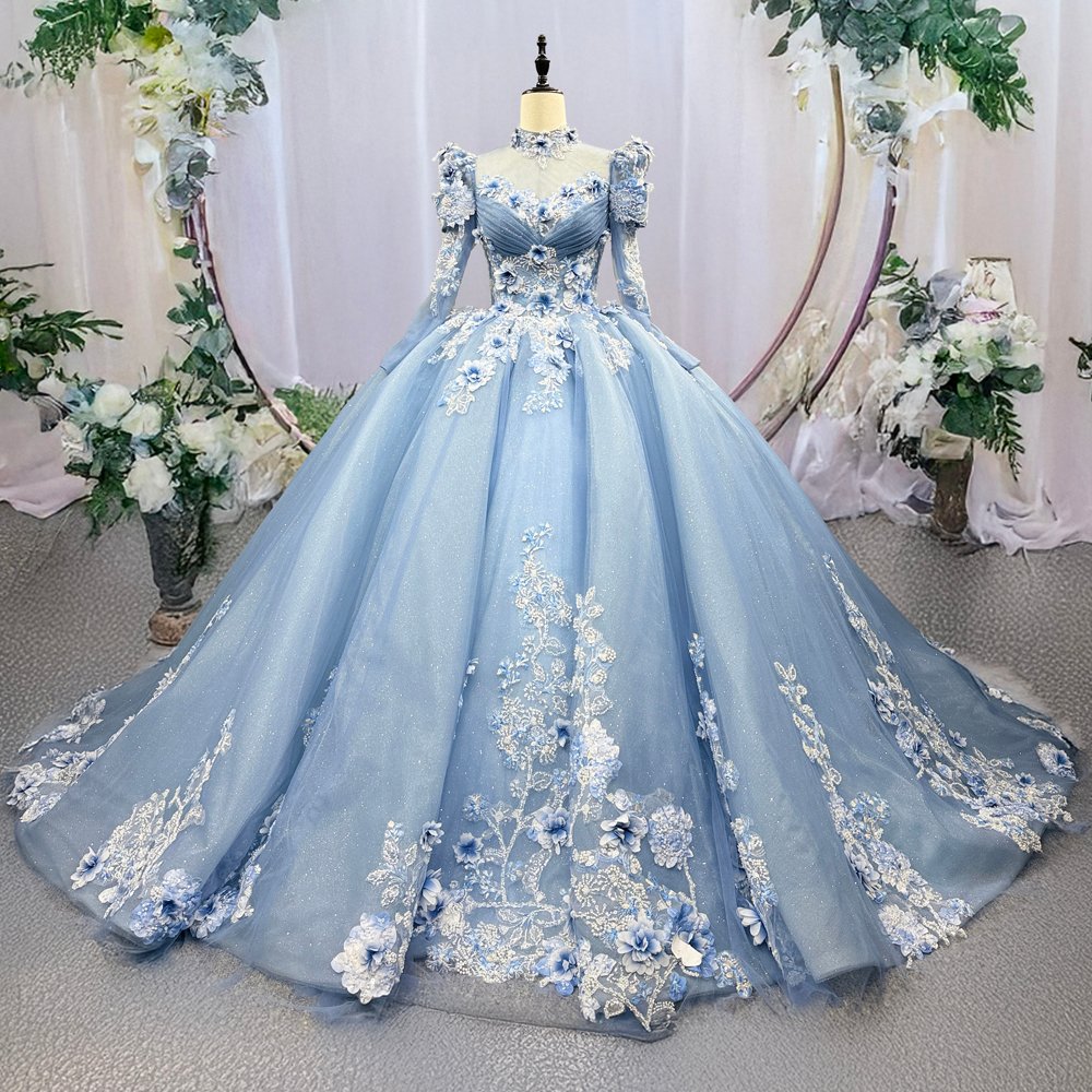 Magnificent Sky Blue High Neck Long Sleeves Floral Quinceanera Dress Ball Gown
