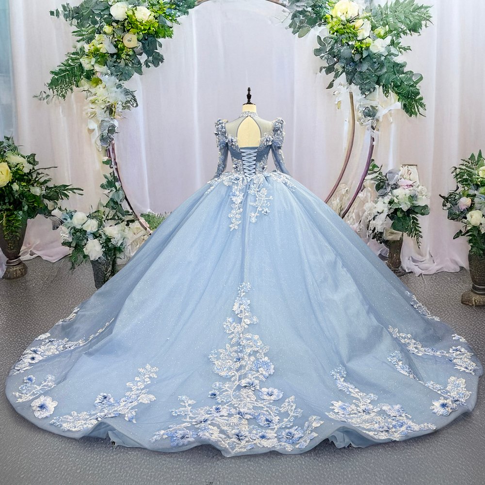 Magnificent Sky Blue High Neck Long Sleeves Floral Quinceanera Dress Ball Gown - Image 2