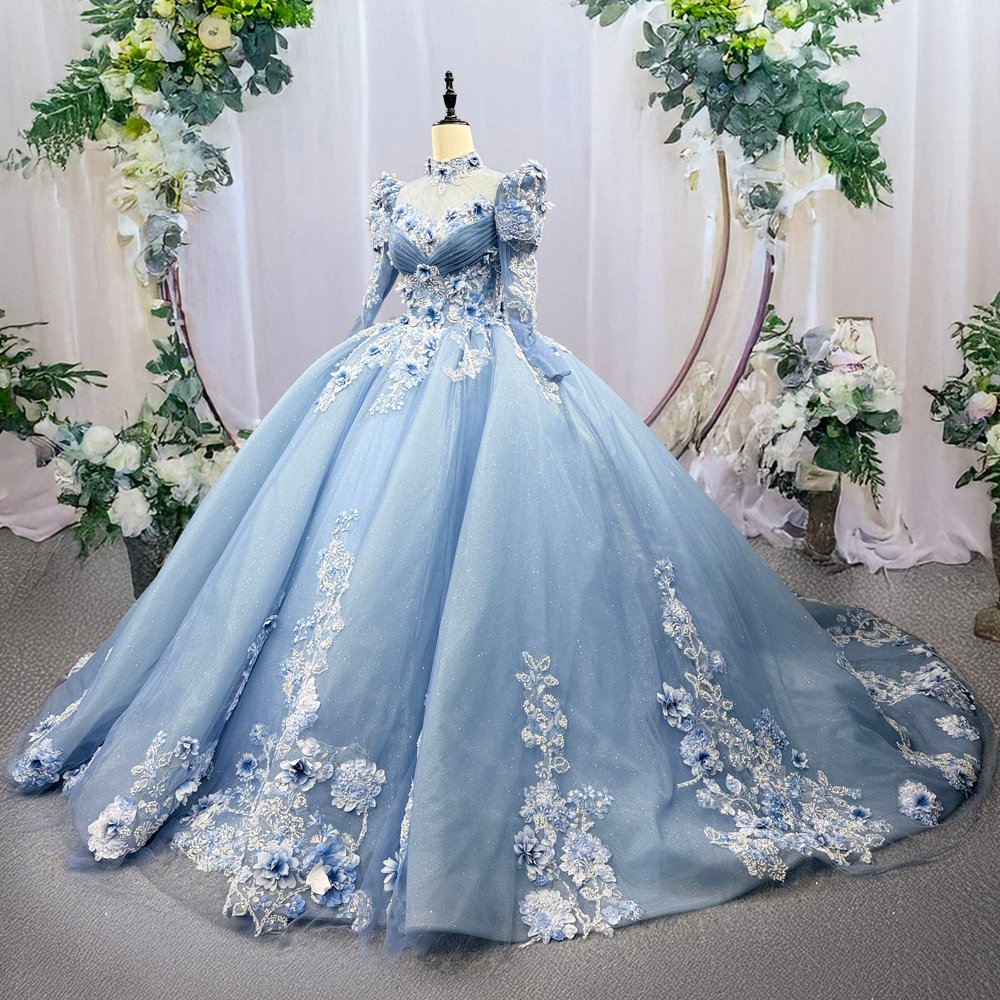 Magnificent Sky Blue High Neck Long Sleeves Floral Quinceanera Dress Ball Gown - Image 5