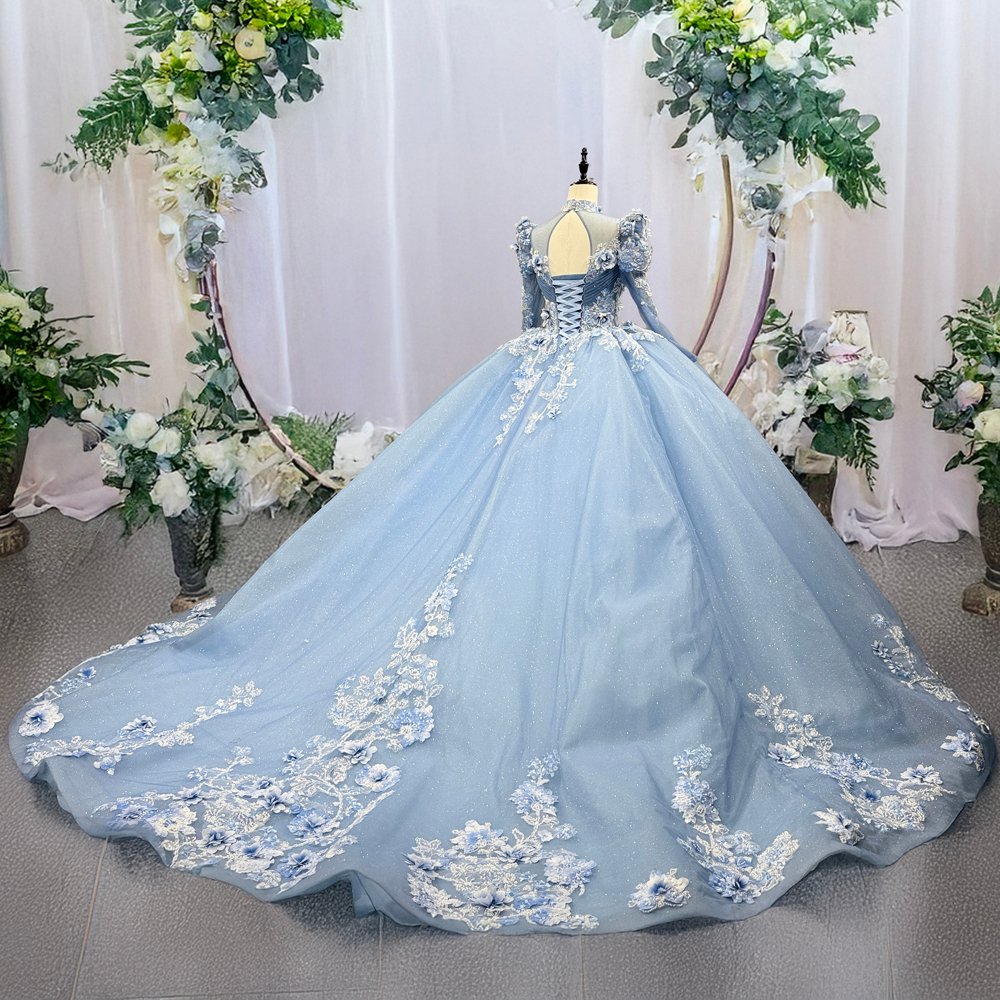 Magnificent Sky Blue High Neck Long Sleeves Floral Quinceanera Dress Ball Gown - Image 6