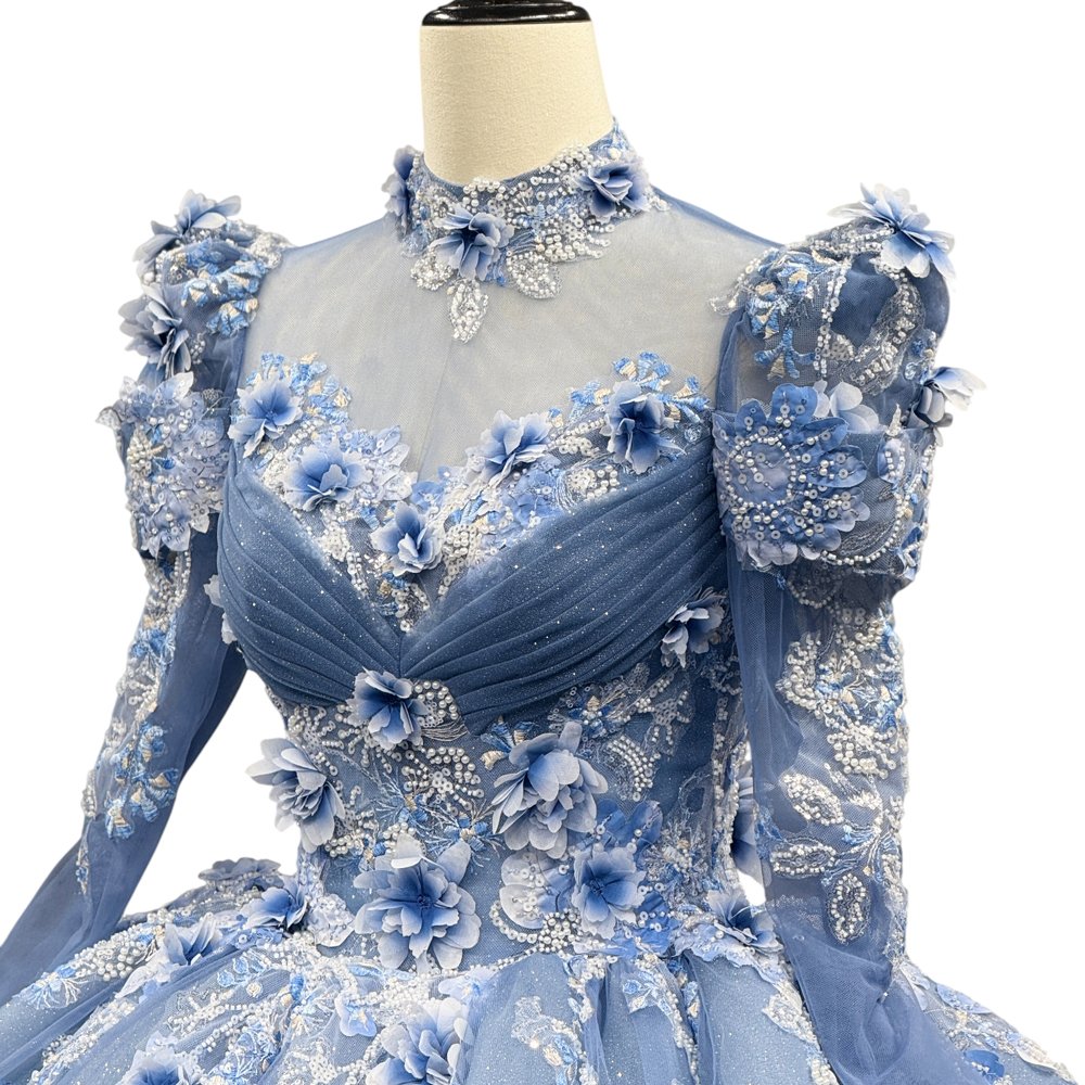 Magnificent Sky Blue High Neck Long Sleeves Floral Quinceanera Dress Ball Gown - Image 3
