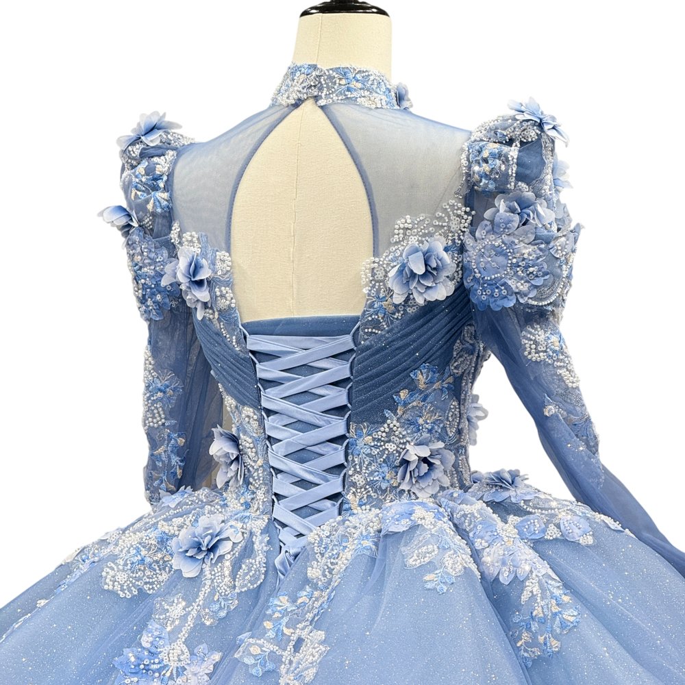 Magnificent Sky Blue High Neck Long Sleeves Floral Quinceanera Dress Ball Gown - Image 4