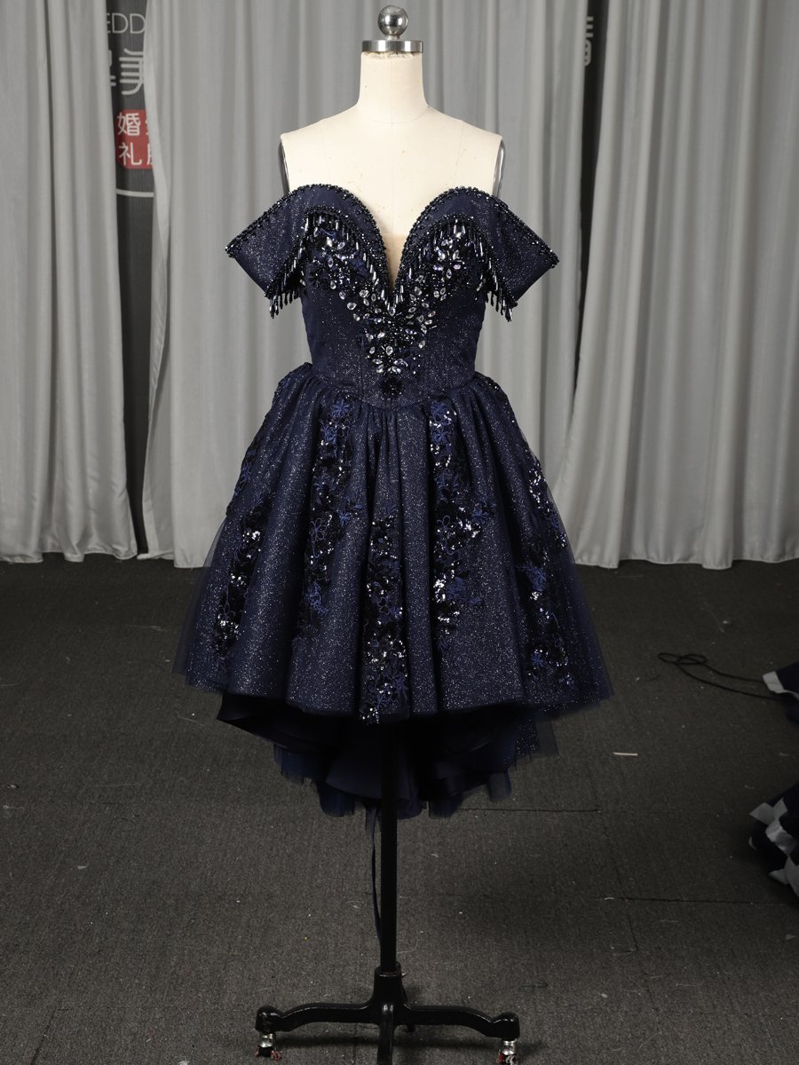 Two Piece Navy Blue Quinceanera Dress Ball Gown Off Shoulder Sparkly Ruffled Sweet 16 Dress - Image 3
