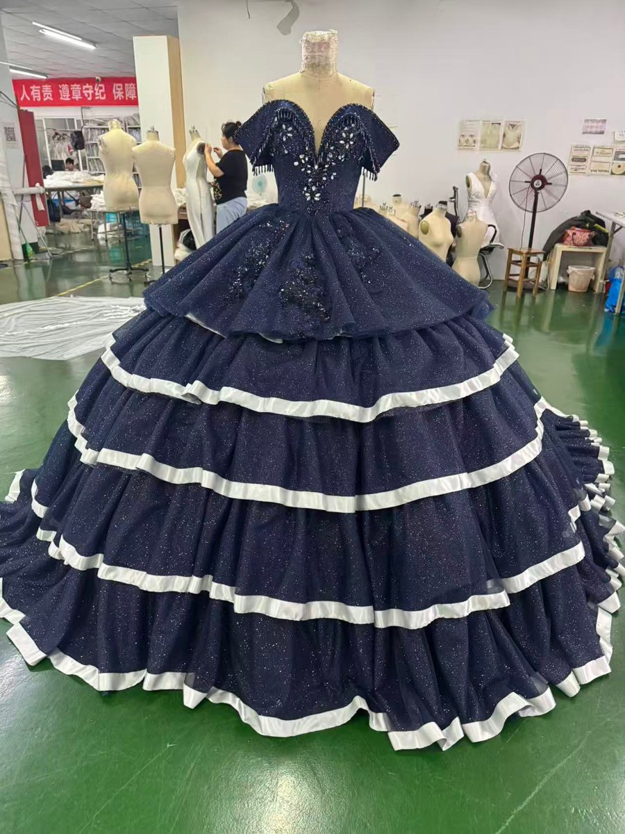 Two Piece Navy Blue Quinceanera Dress Ball Gown Off Shoulder Sparkly Ruffled Sweet 16 Dress