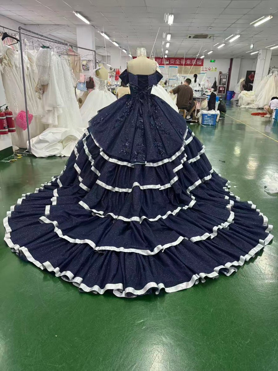 Two Piece Navy Blue Quinceanera Dress Ball Gown Off Shoulder Sparkly Ruffled Sweet 16 Dress - Image 2