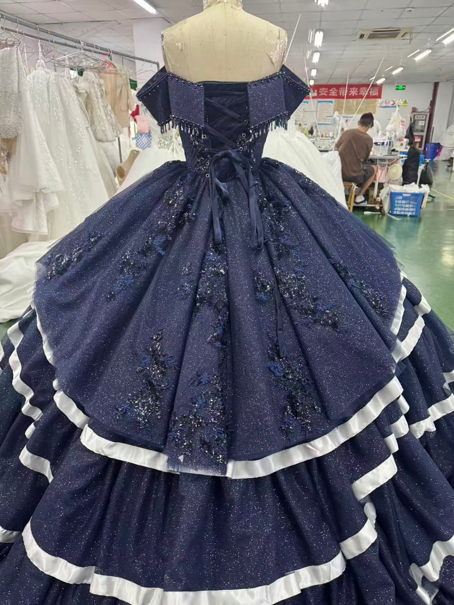 Two Piece Navy Blue Quinceanera Dress Ball Gown Off Shoulder Sparkly Ruffled Sweet 16 Dress - Image 6
