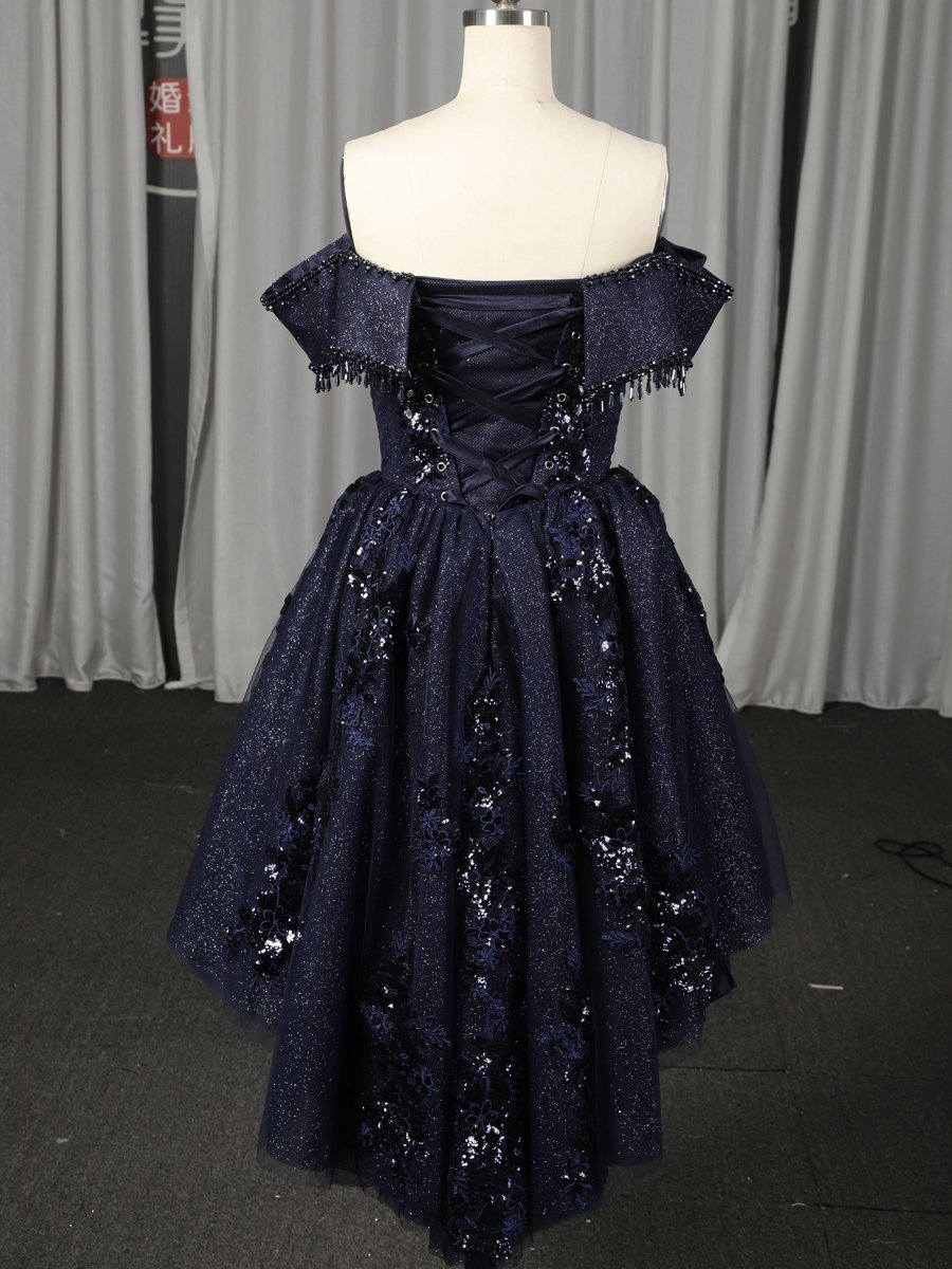 Two Piece Navy Blue Quinceanera Dress Ball Gown Off Shoulder Sparkly Ruffled Sweet 16 Dress - Image 4