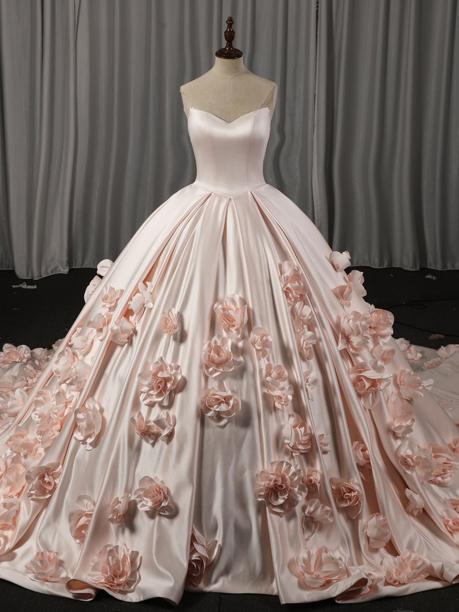 Elegant Satin Blush Pink Quinceanera Dress Ball Gown Strapless 3D Floral Appliques Sweet 16 Dress