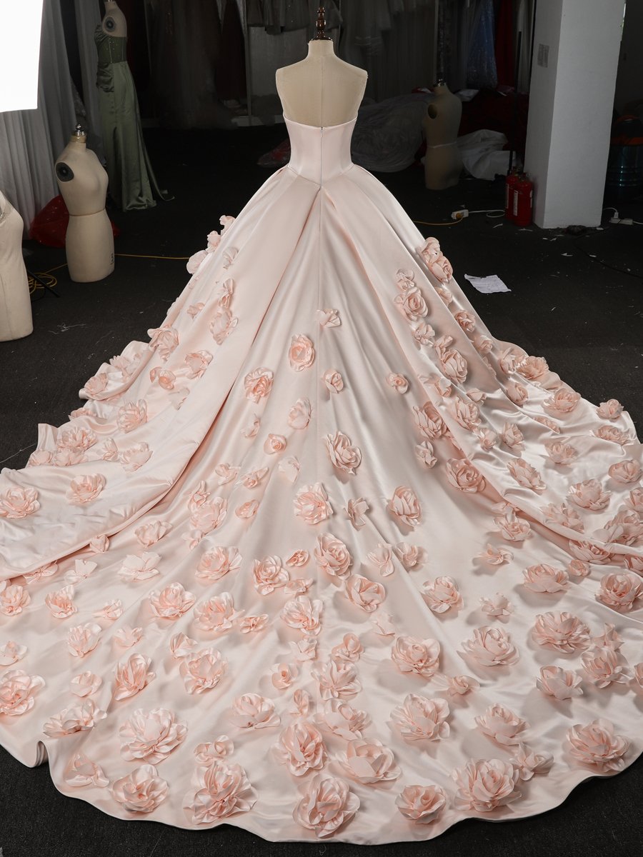Elegant Satin Blush Pink Quinceanera Dress Ball Gown Strapless 3D Floral Appliques Sweet 16 Dress - Image 2