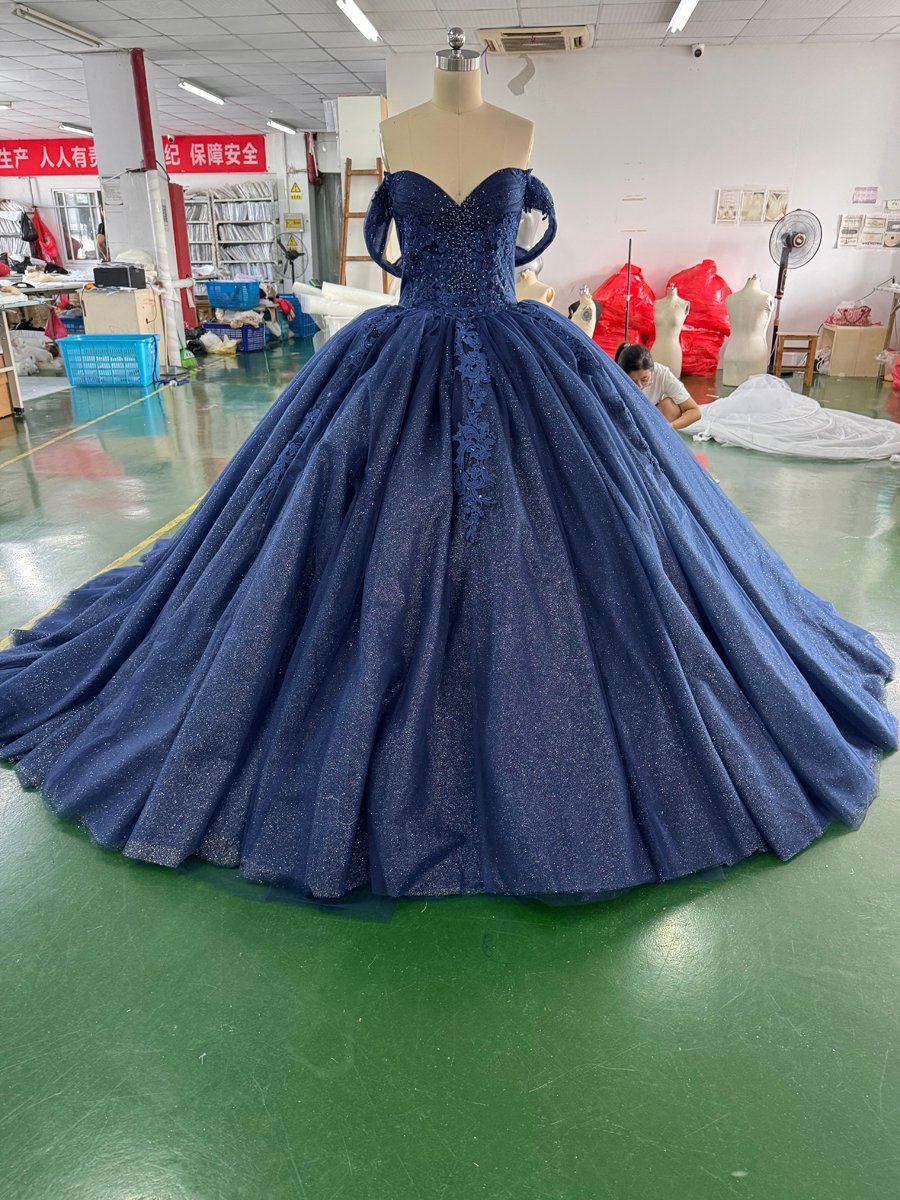 Enchanting Sparkly Navy Blue Quinceanera Dress Ball Gown Off Shoulder Long Train Appliques Sweet 16 Dress