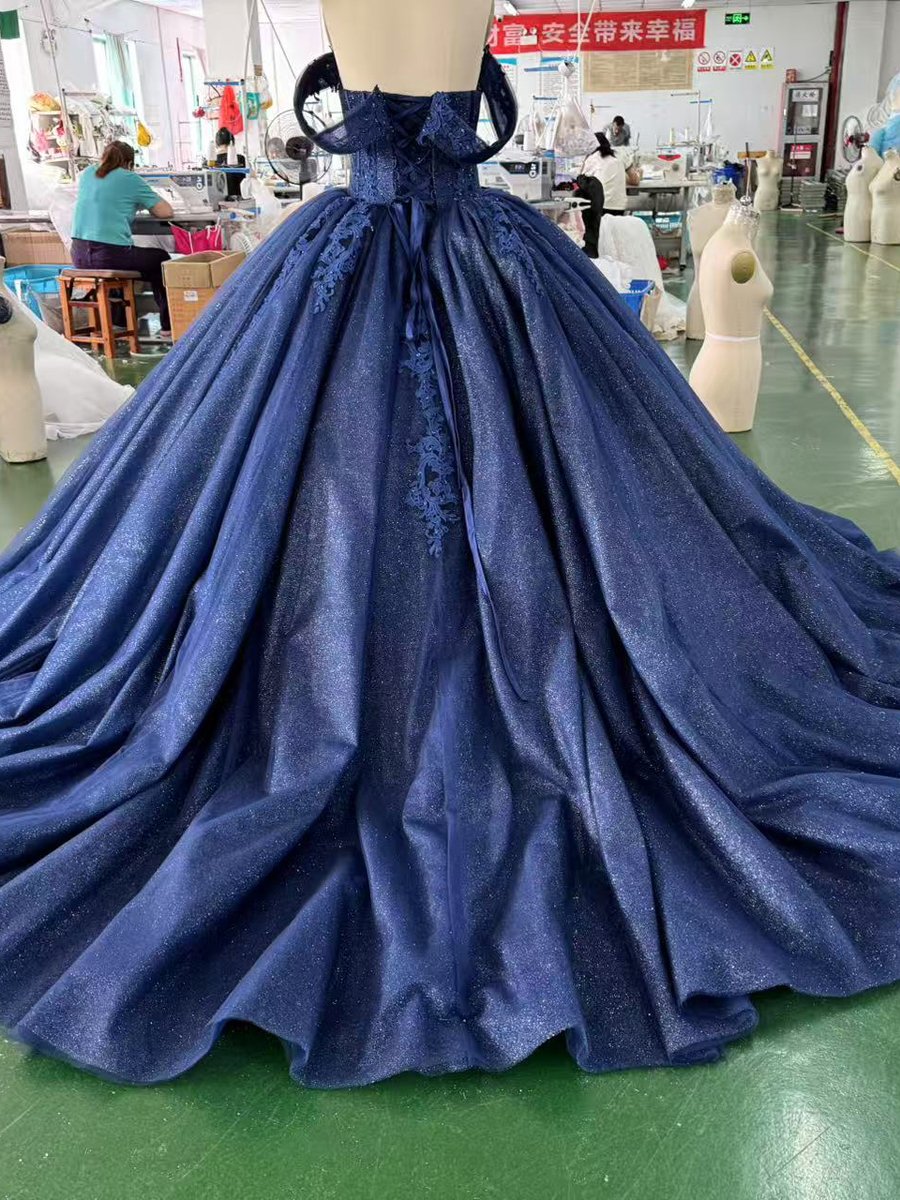 Enchanting Sparkly Navy Blue Quinceanera Dress Ball Gown Off Shoulder Long Train Appliques Sweet 16 Dress - Image 2