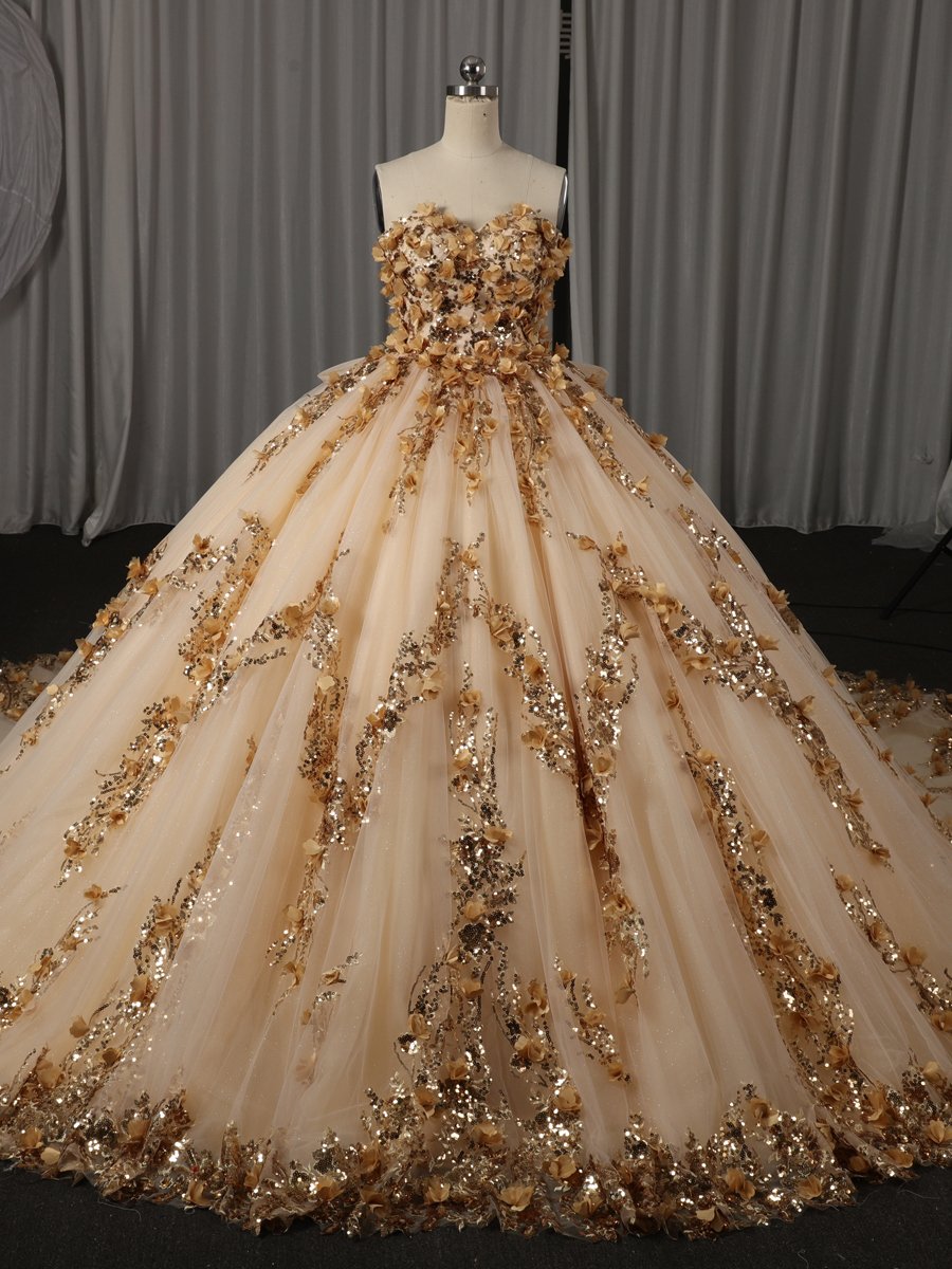 Luxury Gold Champagne Quinceanera Dress Ball Gown Strapless 3D Flowers Beaded Formal Sweet 16 Dress - Image 3