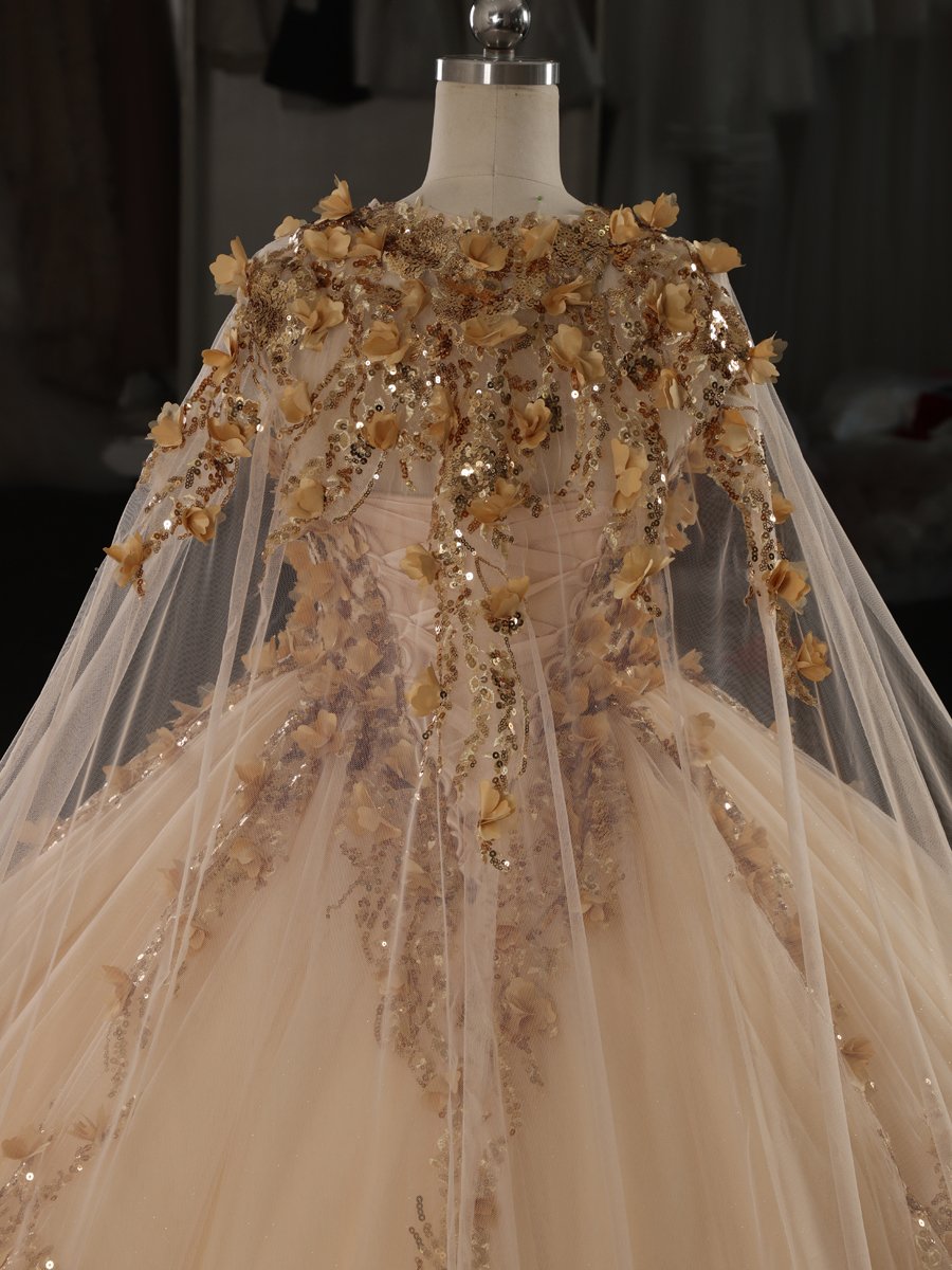 Luxury Gold Champagne Quinceanera Dress Ball Gown Strapless 3D Flowers Beaded Formal Sweet 16 Dress - Image 6