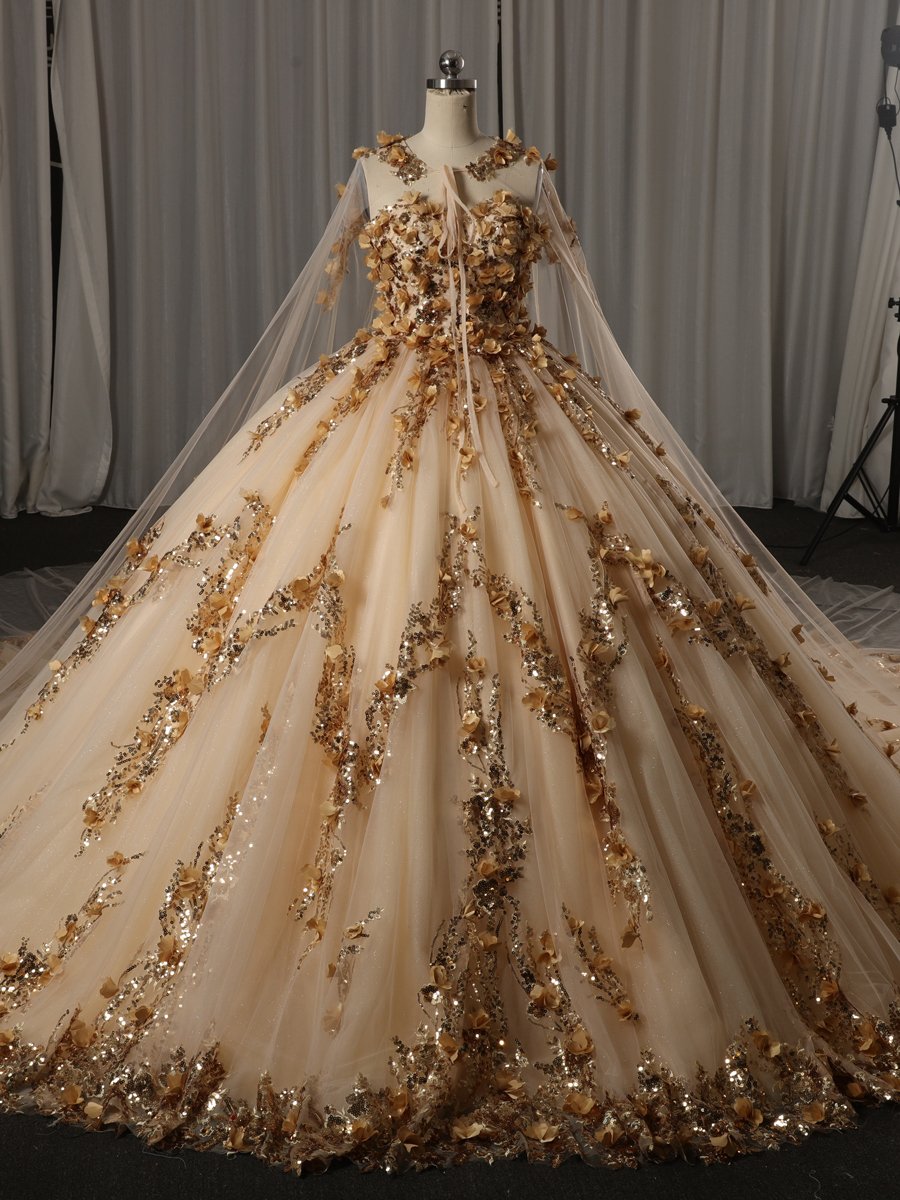 Luxury Gold Champagne Quinceanera Dress Ball Gown Strapless 3D Flowers Beaded Formal Sweet 16 Dress