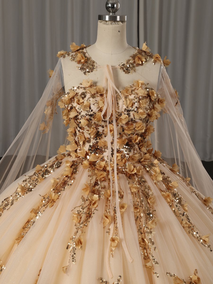 Luxury Gold Champagne Quinceanera Dress Ball Gown Strapless 3D Flowers Beaded Formal Sweet 16 Dress - Image 5