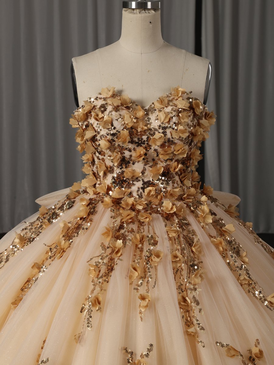 Luxury Gold Champagne Quinceanera Dress Ball Gown Strapless 3D Flowers Beaded Formal Sweet 16 Dress - Image 7