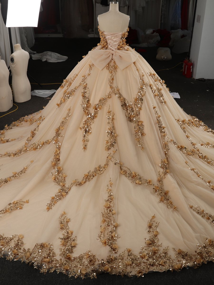 Luxury Gold Champagne Quinceanera Dress Ball Gown Strapless 3D Flowers Beaded Formal Sweet 16 Dress - Image 4