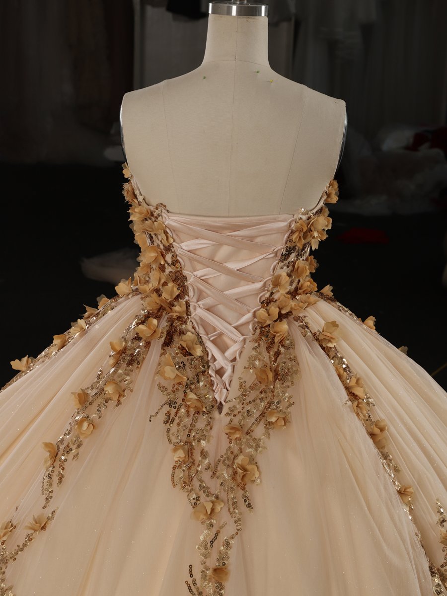 Luxury Gold Champagne Quinceanera Dress Ball Gown Strapless 3D Flowers Beaded Formal Sweet 16 Dress - Image 8